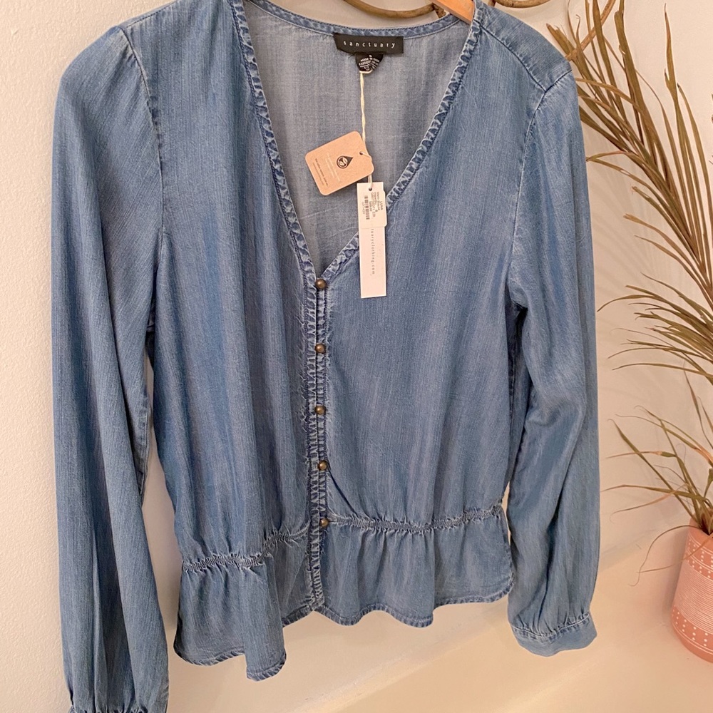 Denim peplum top with buttons NWT